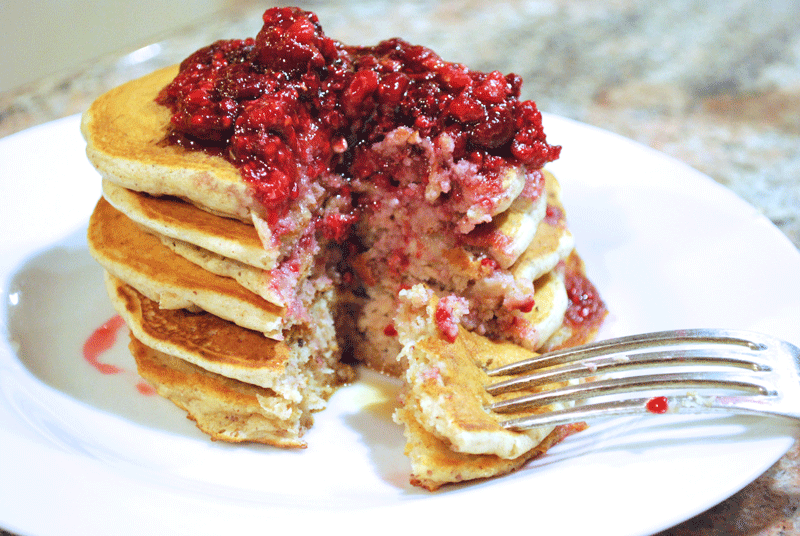 Almond Butter Griddlecakes with Smashed Maple Raspberries