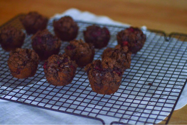 Chocolate Raspberry Muffins on cooling rack