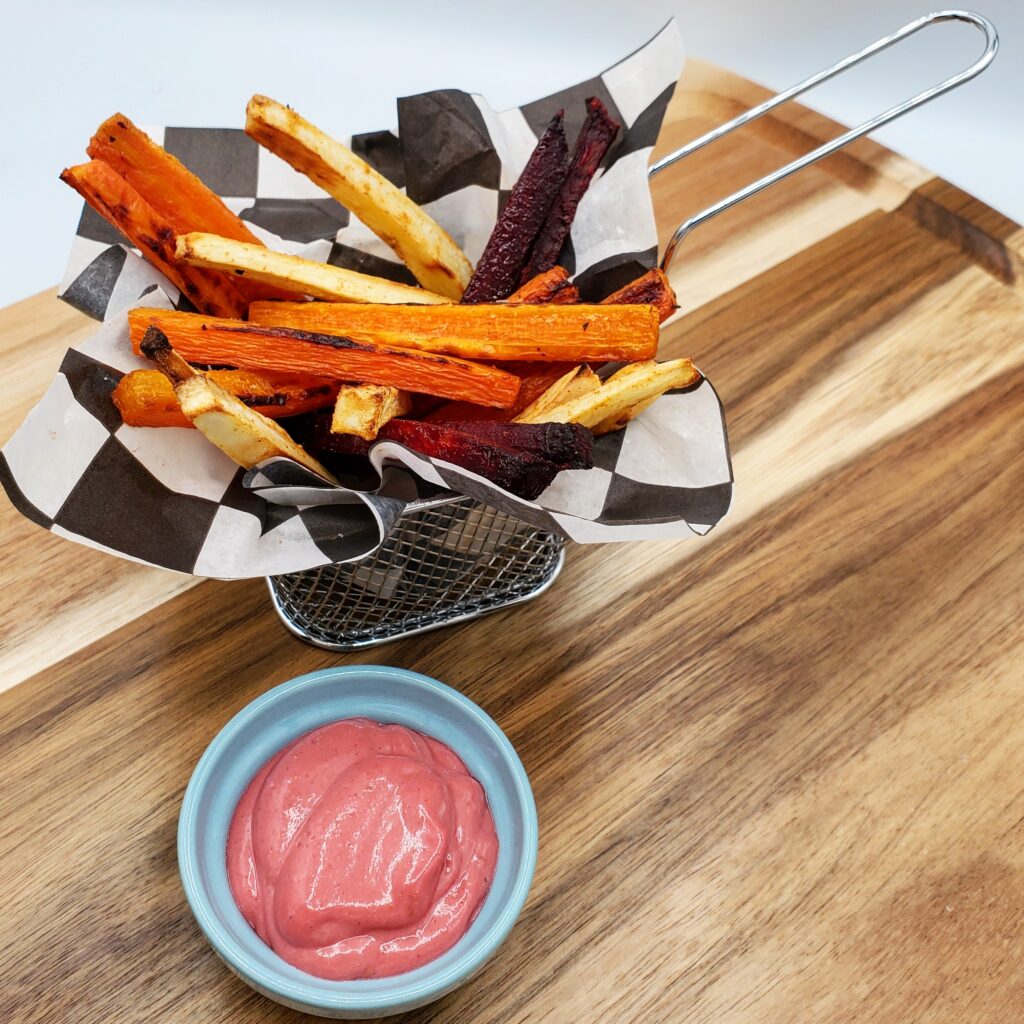 Root fries, with side of raspberry sauce