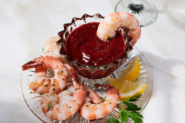 Spicy Raspberry Cocktail Sauce served with shrimp