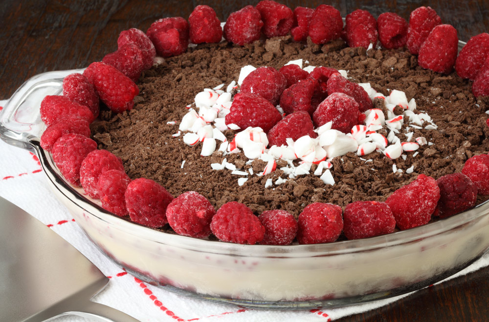 Raspberry, peppermint, and chocolate frozen pie