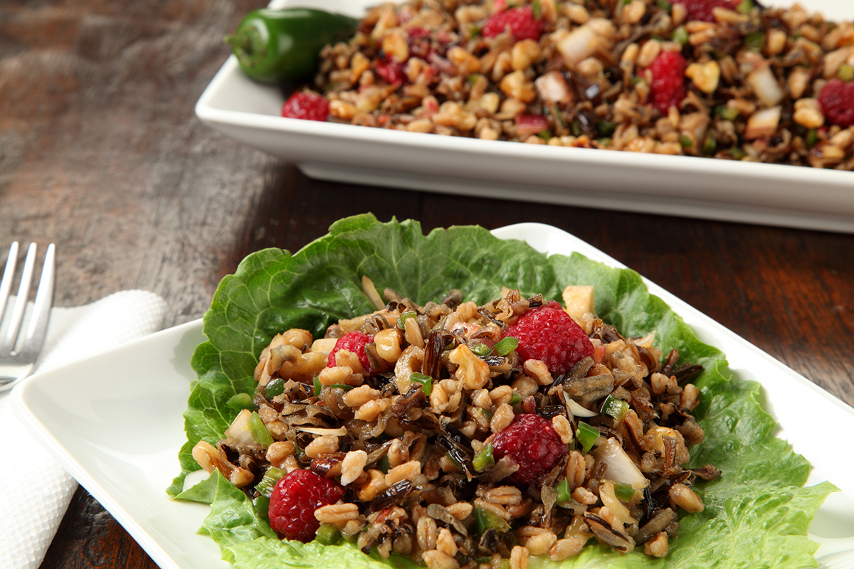 Gingered Farro and Wild Rice Salad served on butter lettuce leaf