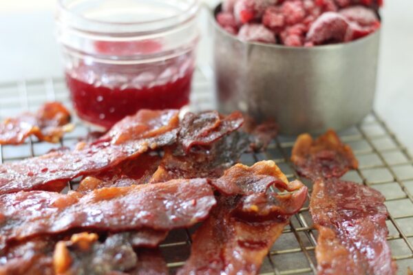 candied raspberry maple bacon on cooling rack