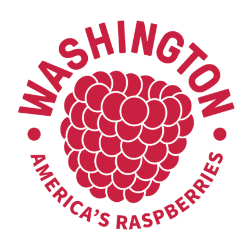 Washington America's Raspberries on a white circle with a large raspberry in the center